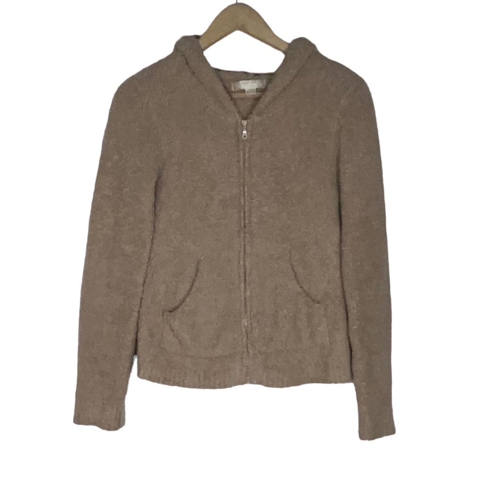 Barefoot Dreams CozyChic Full Zip Hooded Sweater Medium Tan